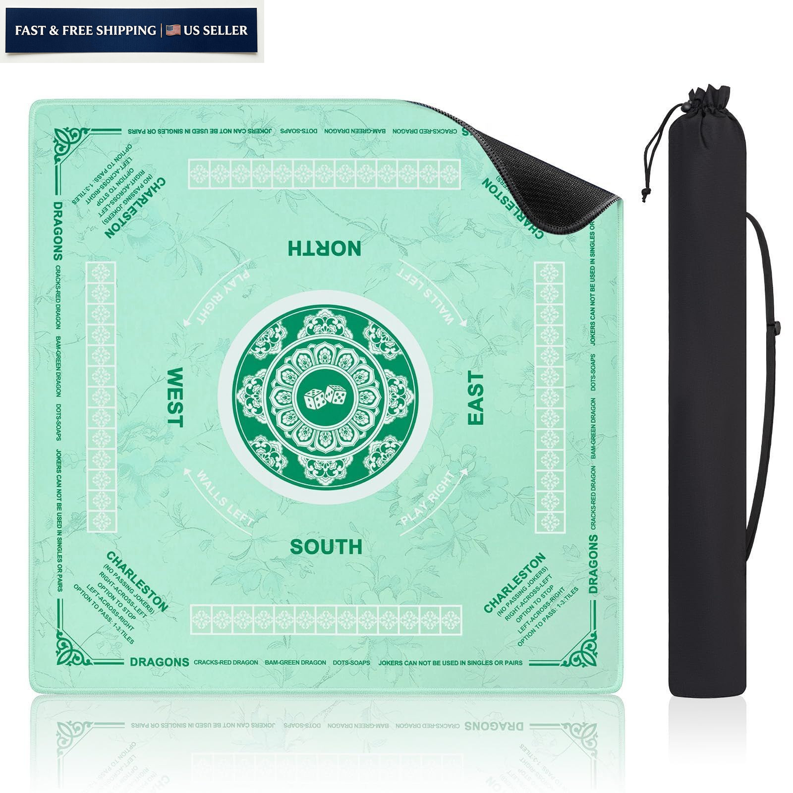 Mahjong Mat with Rules, 32.5″x32.5″ Water 32.5″ x x 0.11″, Green