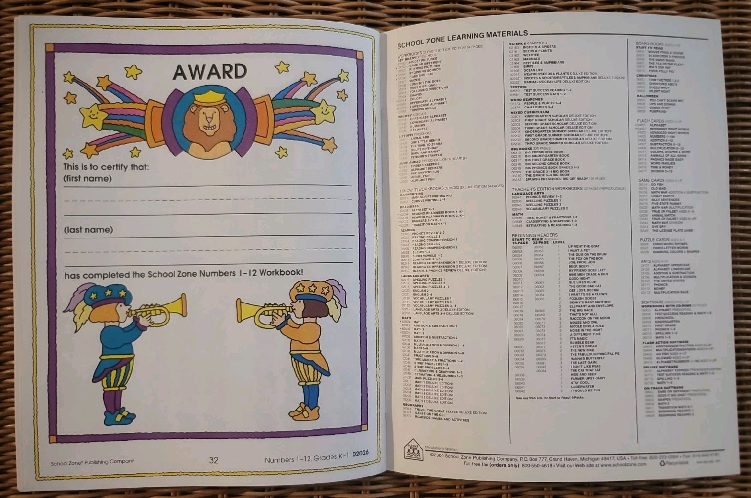 Math Workbook Grades K-1 Numbers 1-12 1996 School Zone Counting Vtg