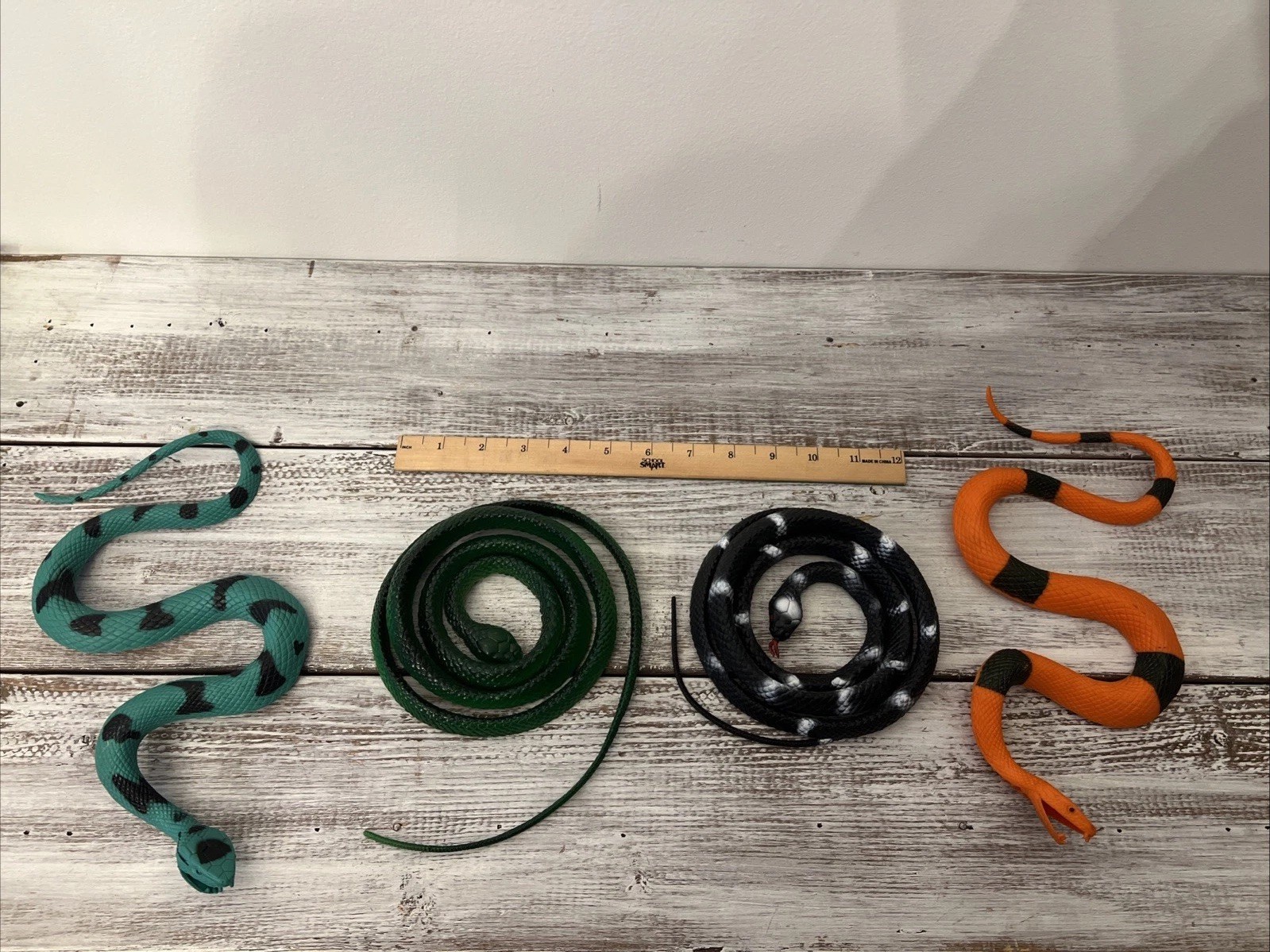 Lot of 4 Realistic, Rubber, Toy, Snakes. Colorful, Fake Reptiles For Play / Fun!