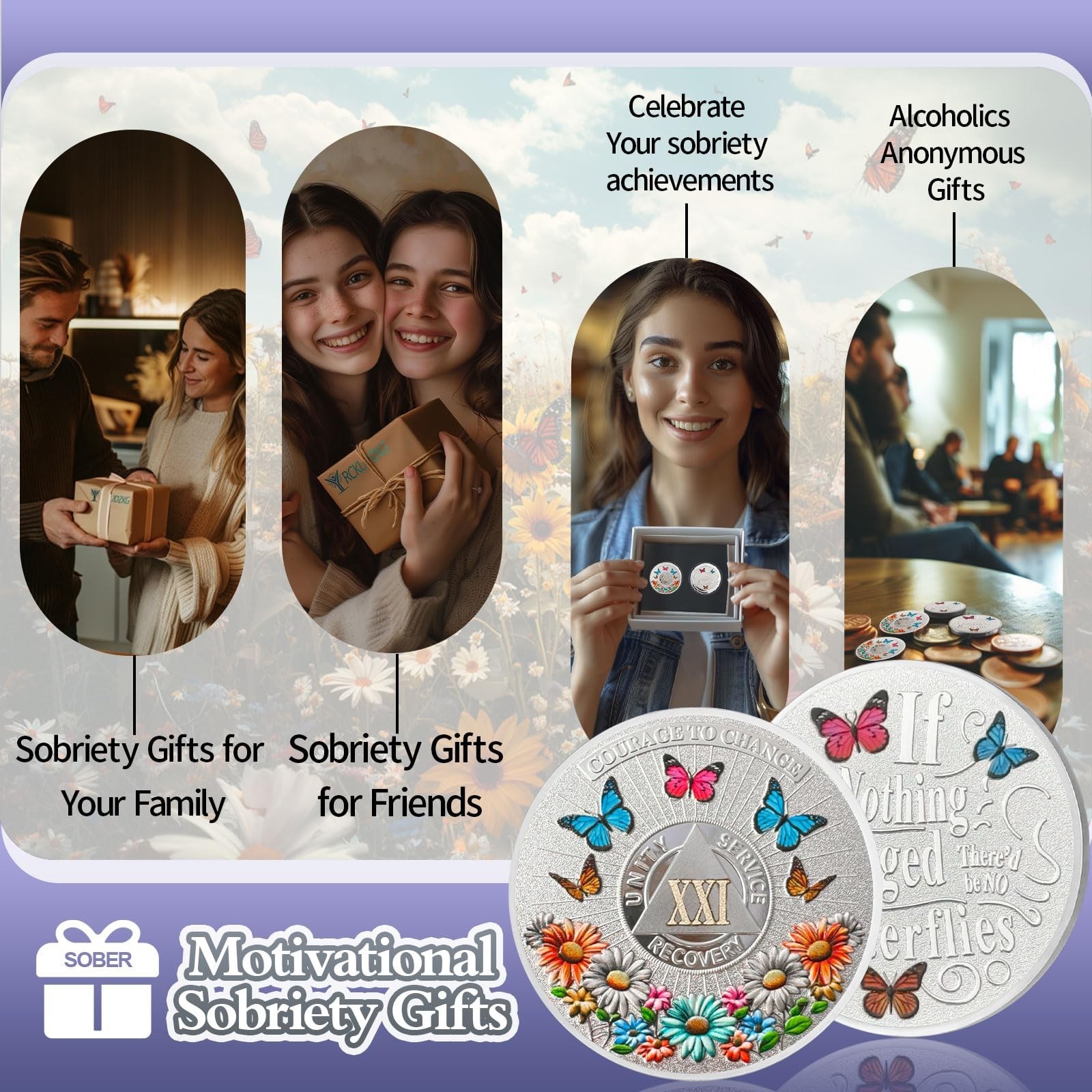 Colorful Sunflower 21 Year Sobriety Coin, Butterfly AA Coin – Courage to Chan…