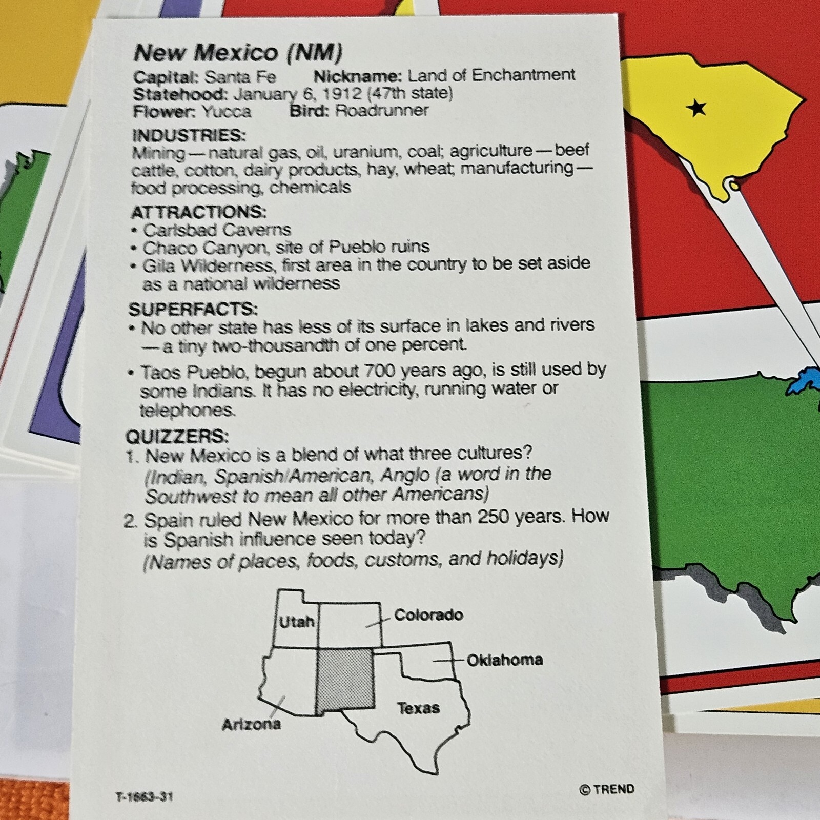 1987 Trend States & Capitals Learning Flash Cards 50 States Fun To Know School