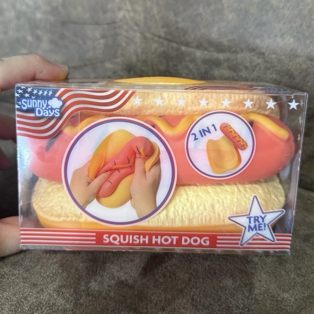 Squishy Hot Dog Squeezy Fidget Toy Sunny Days 2-in-1 Hotdog Stress Relief NEW