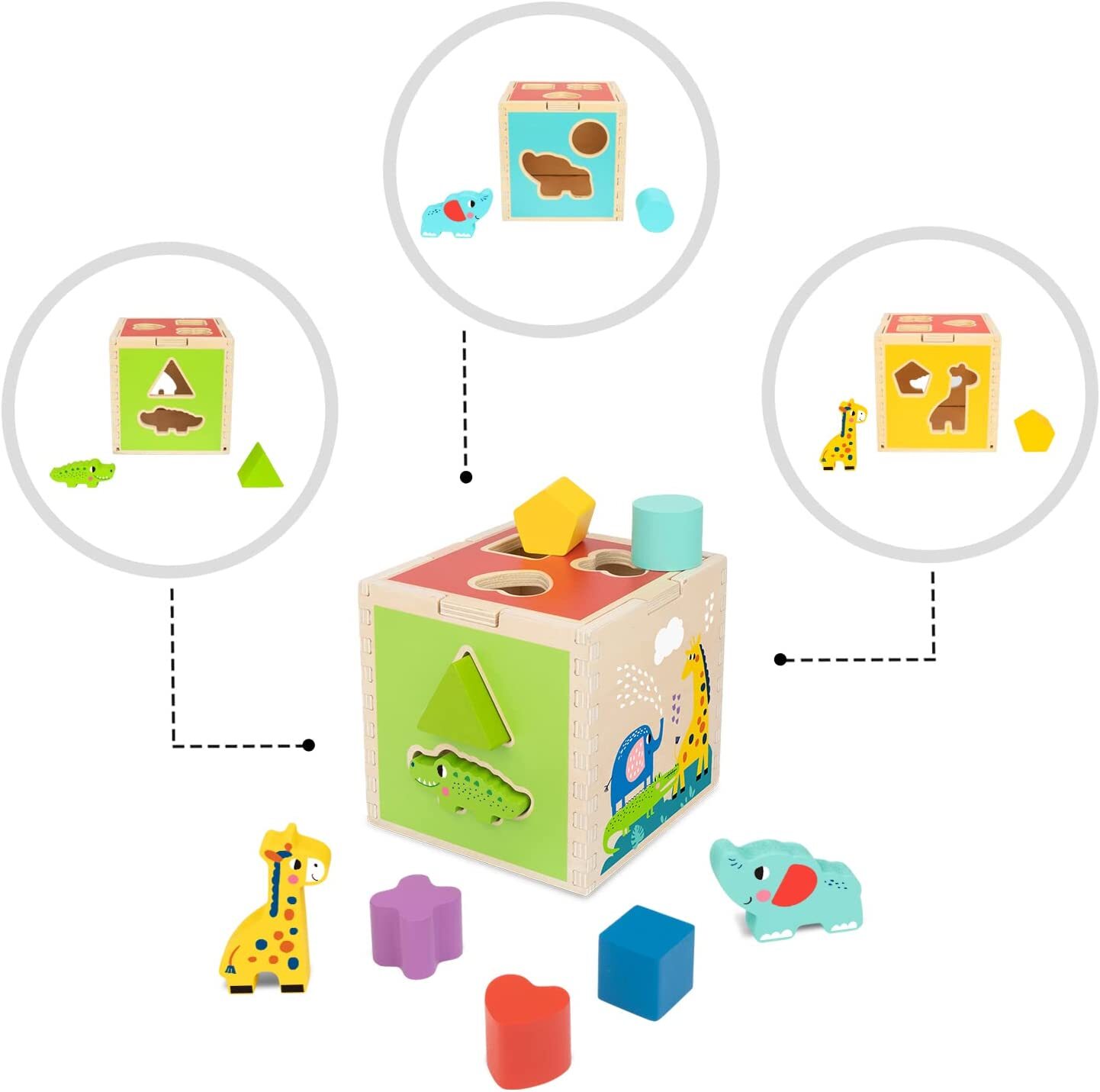 TOOKYLAND Wooden Shape Sorting Cube – Toy with Animal and Geometric Blocks, 12m+