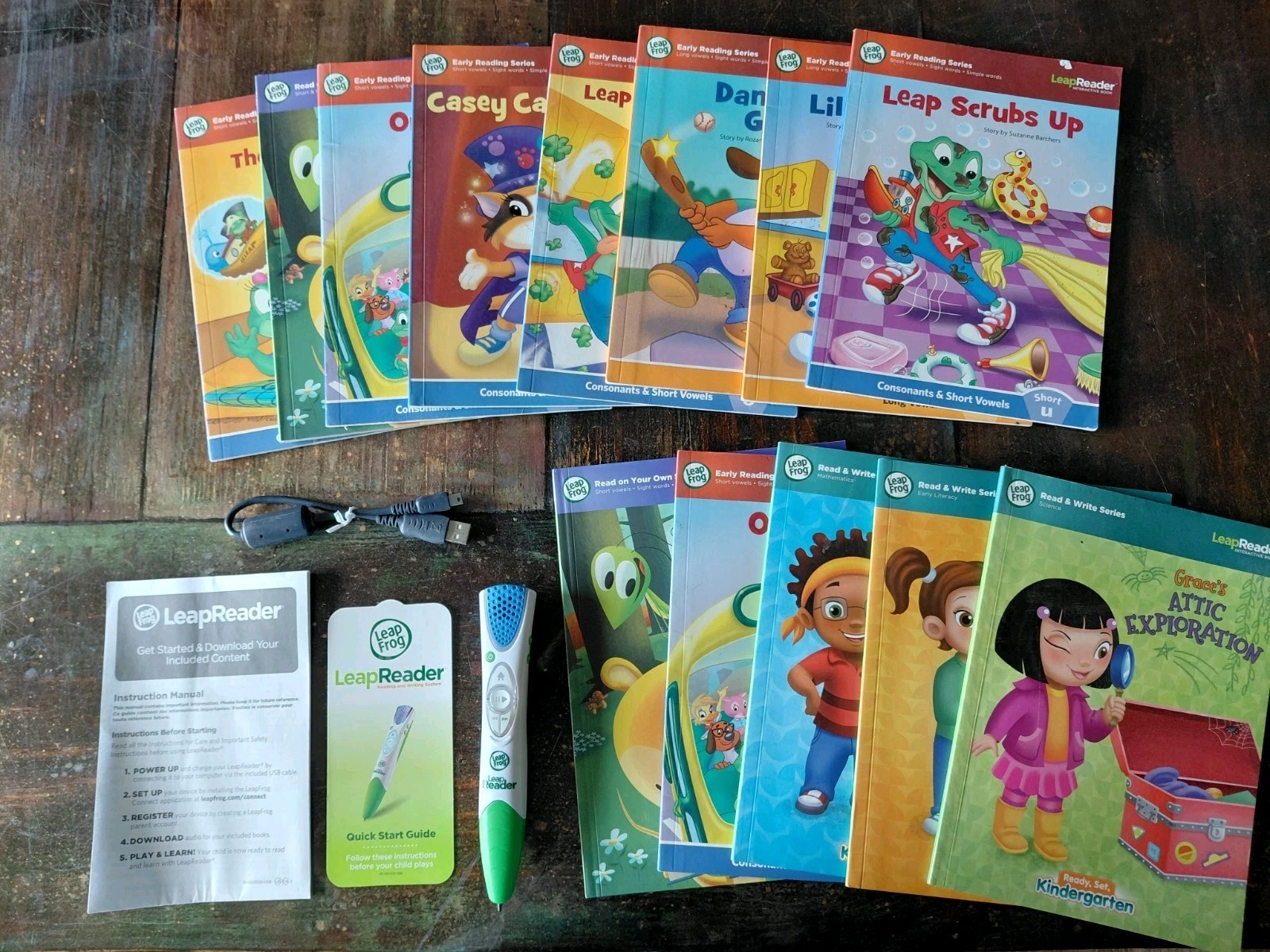 LeapFrog LeapReader Pen w/ Reading/Phonics Book & Cartridge Lot, 4-7