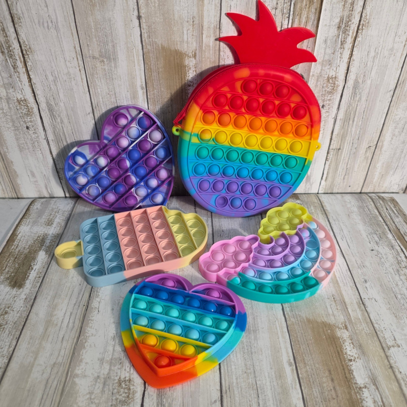 5pc Rainbow Pop Fidget Toy Set Pineapple Purse Heart Popsicle Sensory Toys