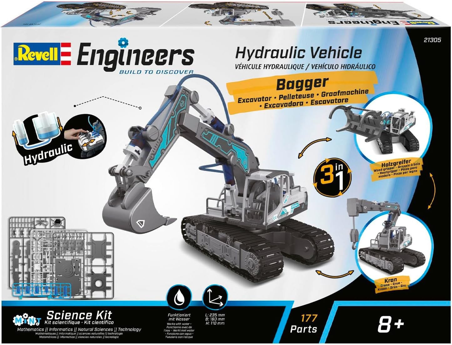 Revell Engineers 21305 Hydraulic Excavator 3in1 Science Kit I 177 Parts I Water