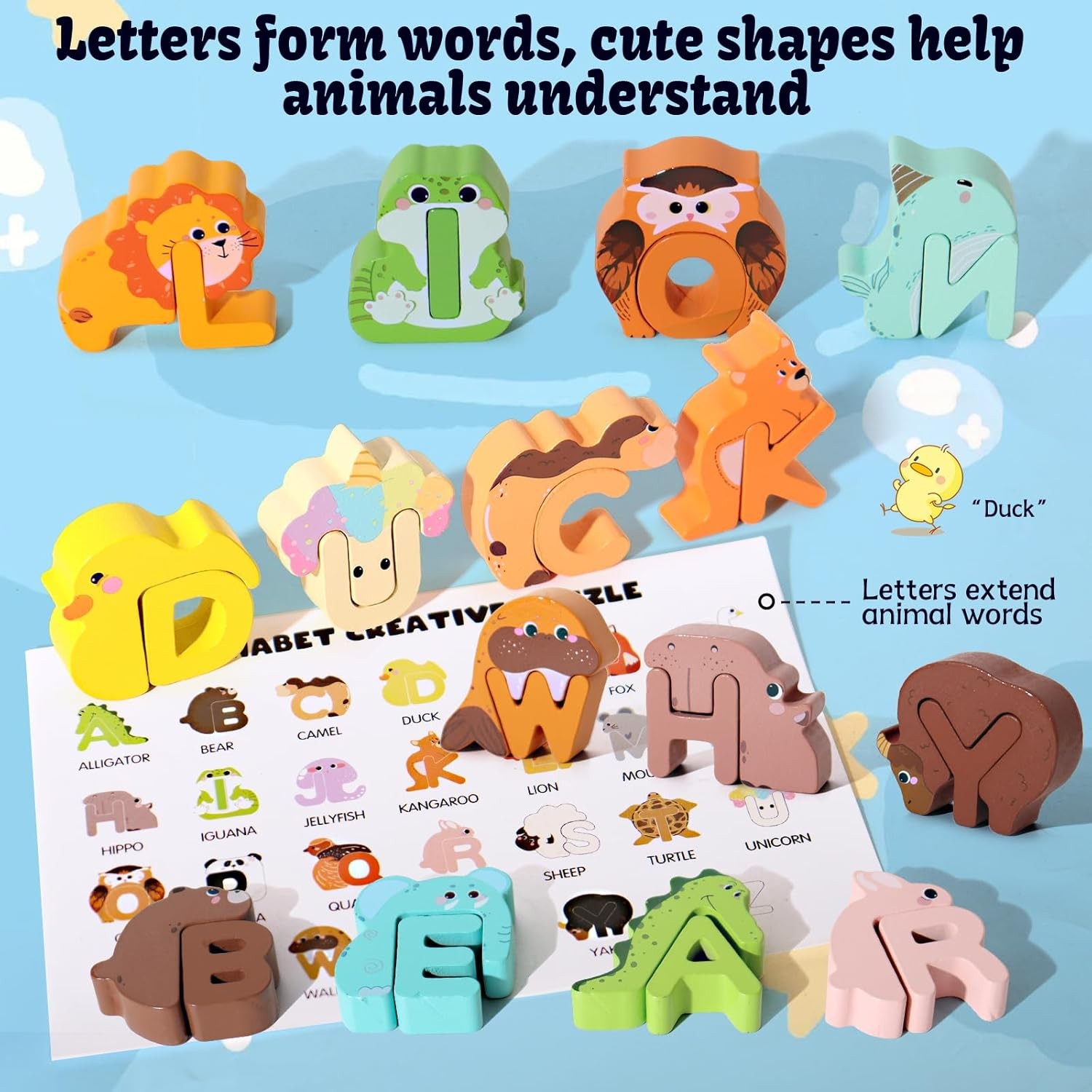 52PC Matching Game, Wooden Alphabet Animal Puzzles ABC Peg Puzzles f/Age 3+ Kids