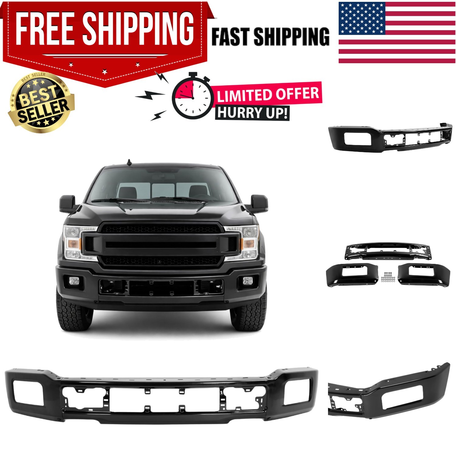 18-20 Ford F150 Front Bumper Face Bar w/ Fog Light Hole Impact Bar Chrome