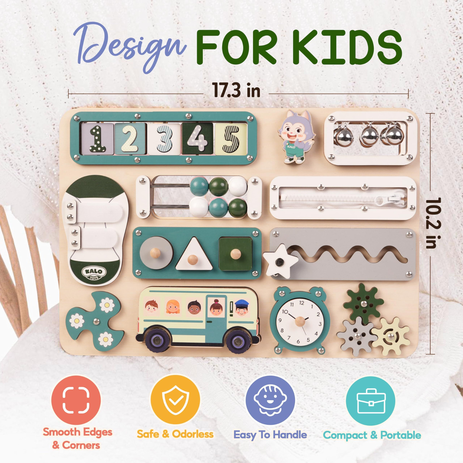 KALOTOYS Large Montessori Busy Board for 17 inches, Size – Pastel Green