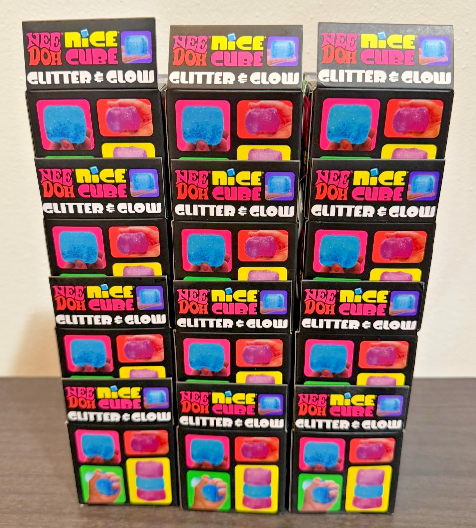 NeeDoh Nice Cube Glitter & Glow Lot of 12 Full Case with Display Box Blue & Pink