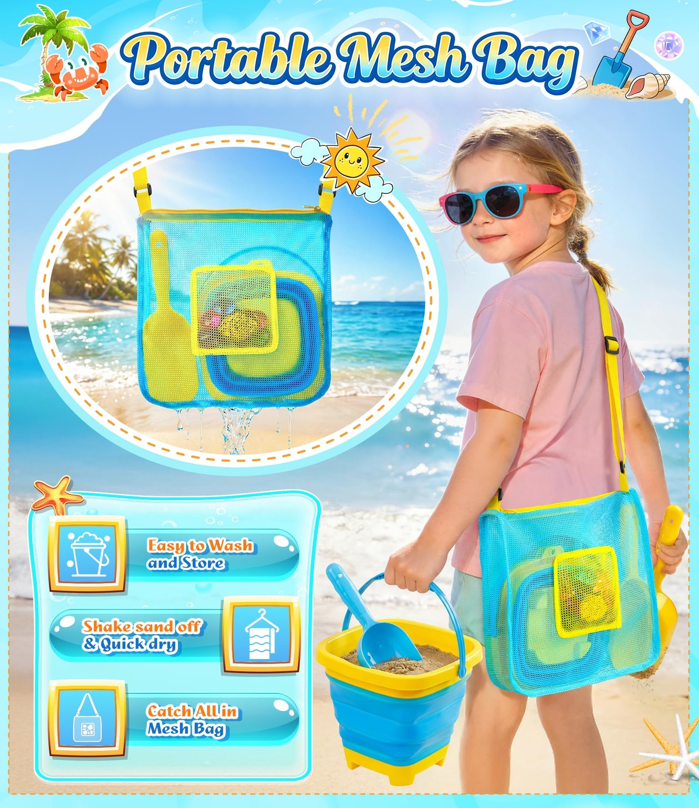 DISHIO Beach Toys for Kids, 24 Pcs Small to Medium, Green, Blue, Yellow, Teal