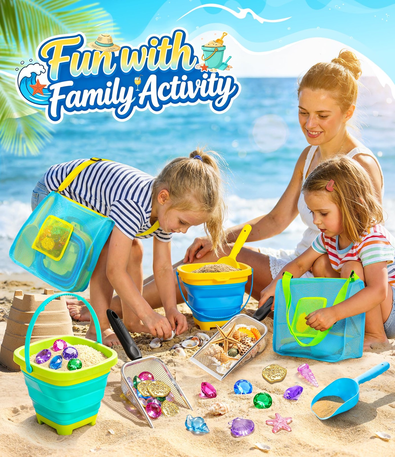 DISHIO Beach Toys for Kids, 24 Pcs Small to Medium, Green, Blue, Yellow, Teal