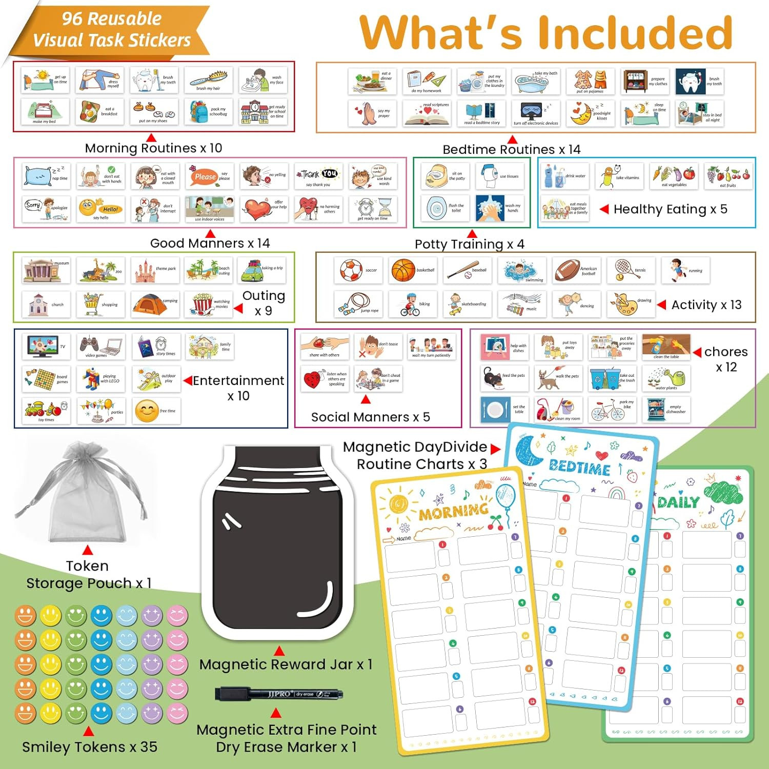 Magnetic Bedtime/Morning/Daily Routine Chart for Kids with Reward Jar-Morning Ro