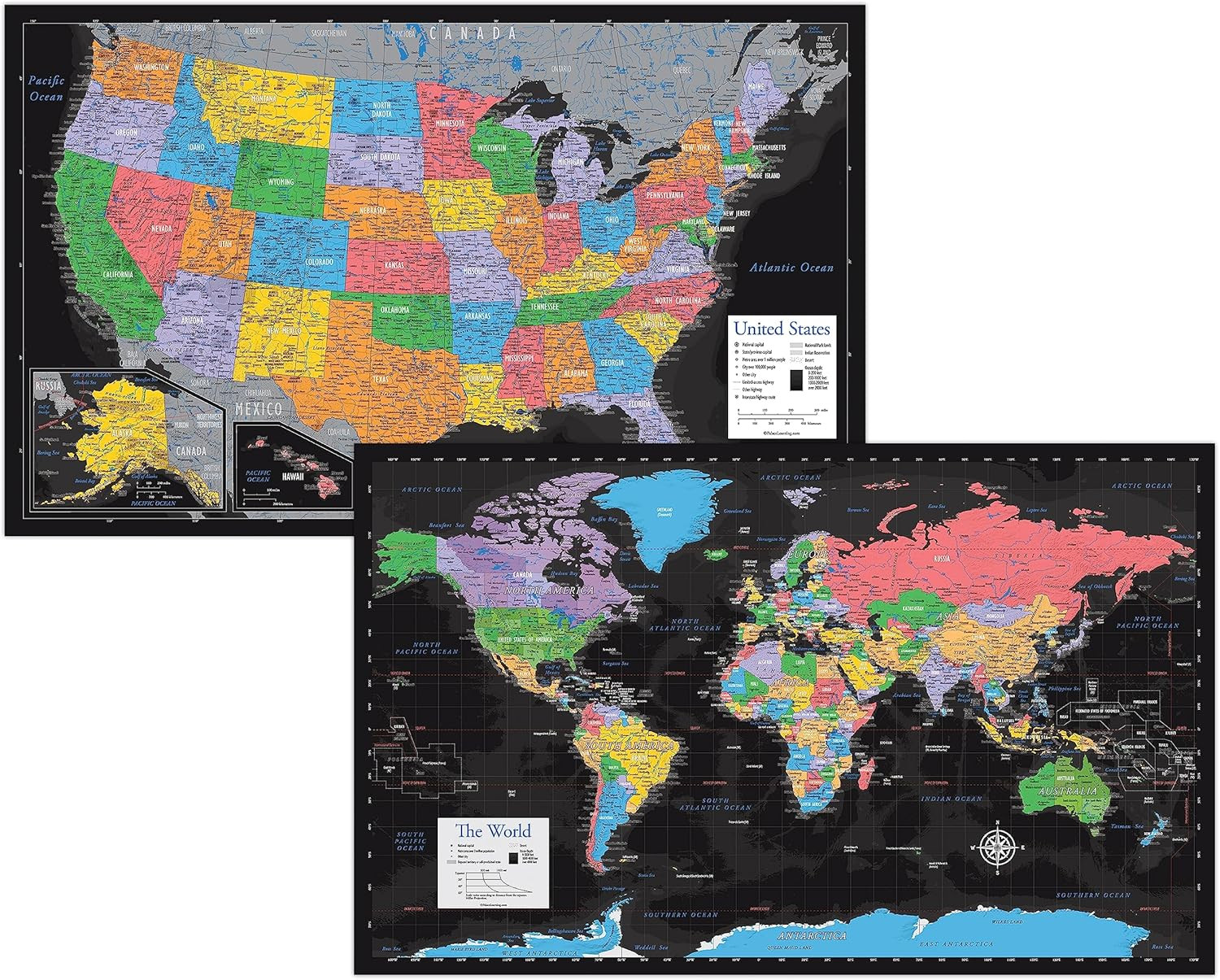 Laminated World Map & US Map Poster Set – 18″ X 29″ – Wall Chart Maps of the Wor
