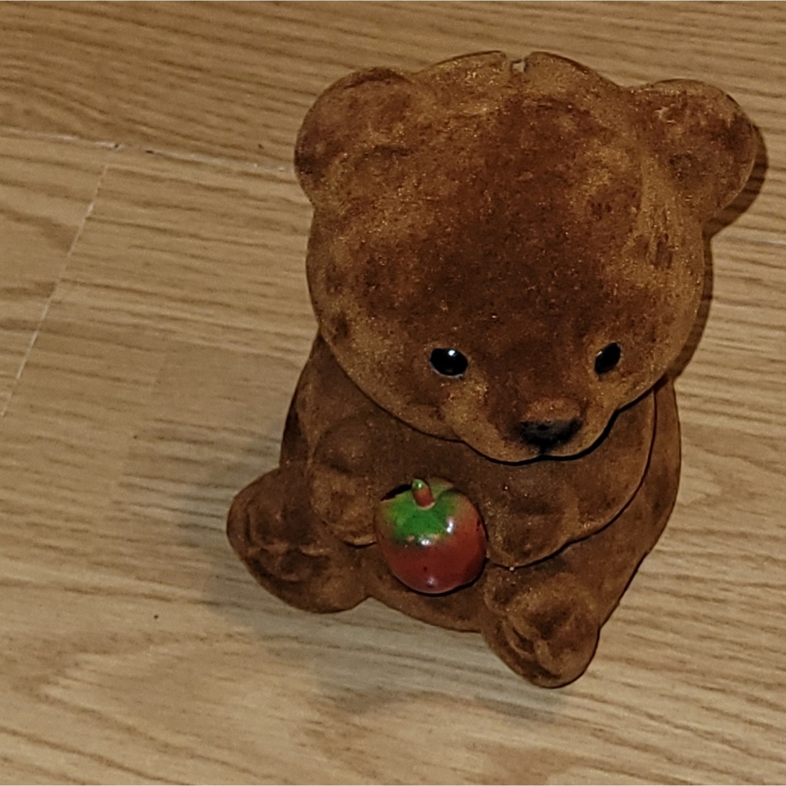 Vintage Flocked Teddy Bear Holding An Apple Bank Teacher Cottagecore KidCore