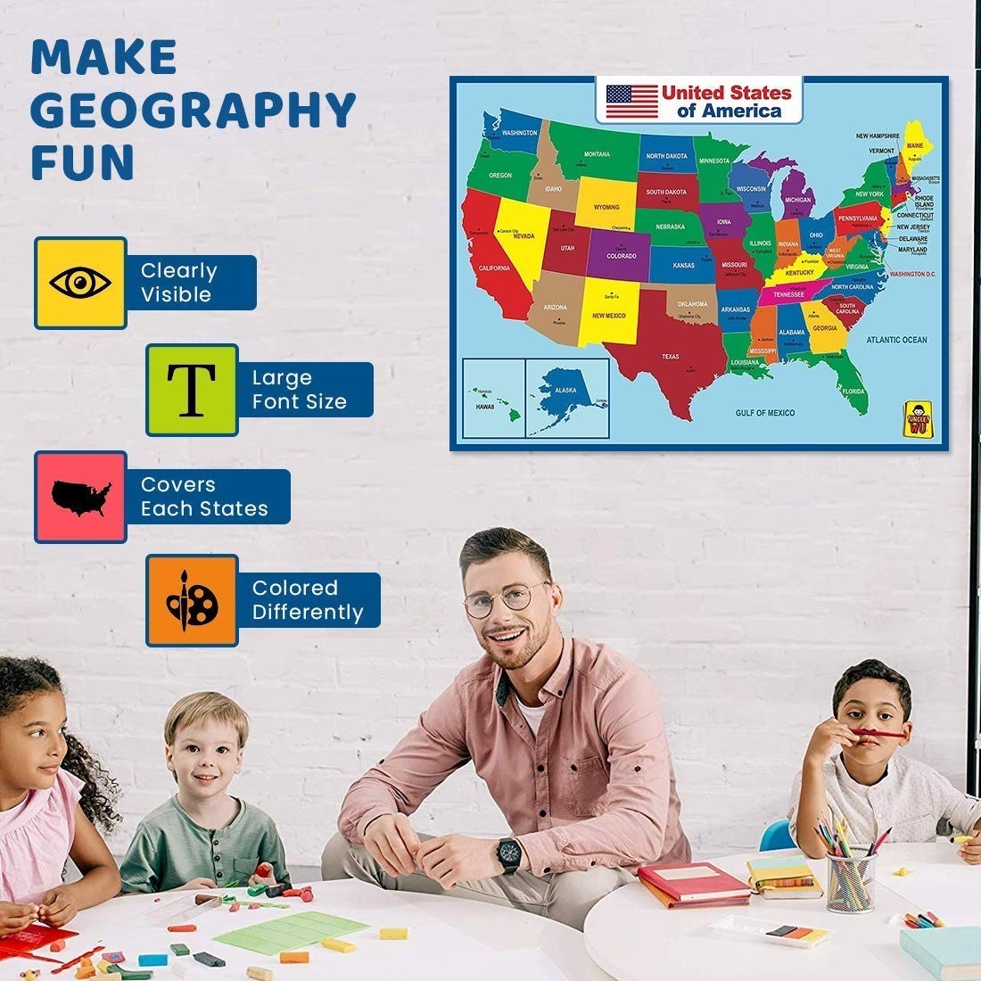 United States Map Laminated Poster – Educational Dry Erase Double Side