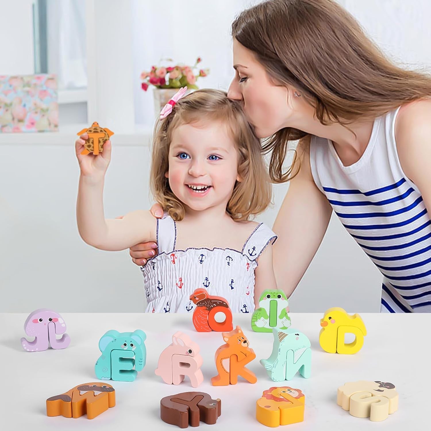 52PC Matching Game, Wooden Alphabet Animal Puzzles ABC Peg Puzzles f/Age 3+ Kids