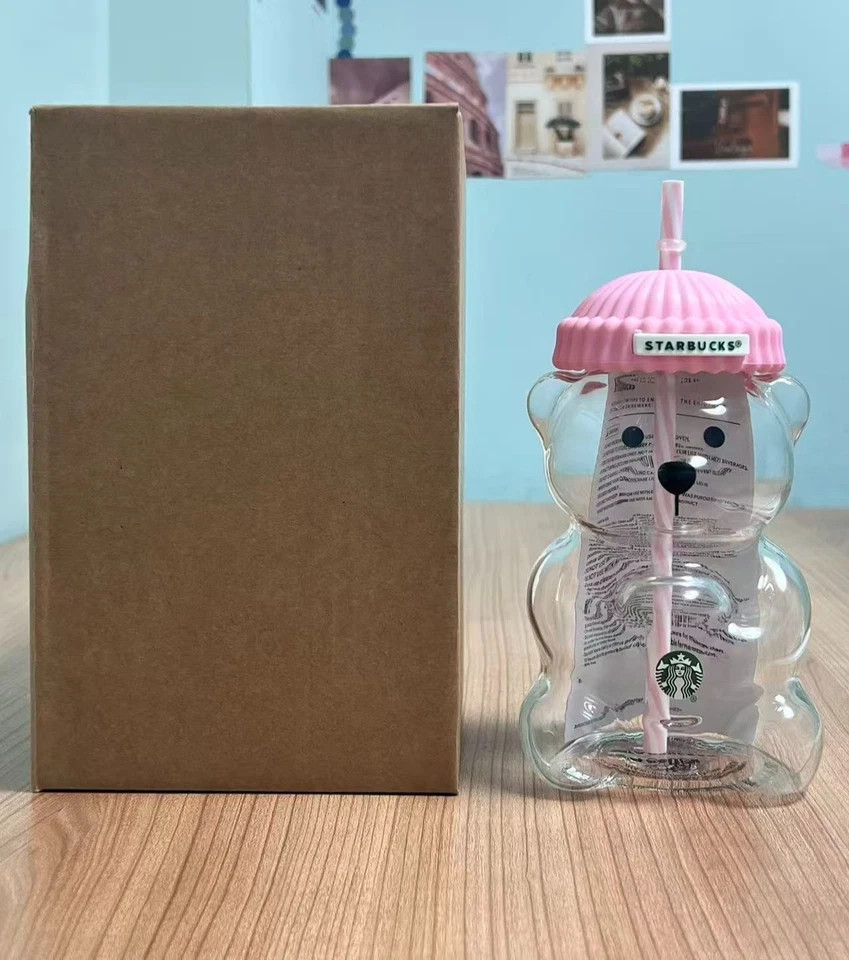 Starbucks Bearista Pink Bear Glass Tumbler Cold Cup with Straw 20oz 591ml