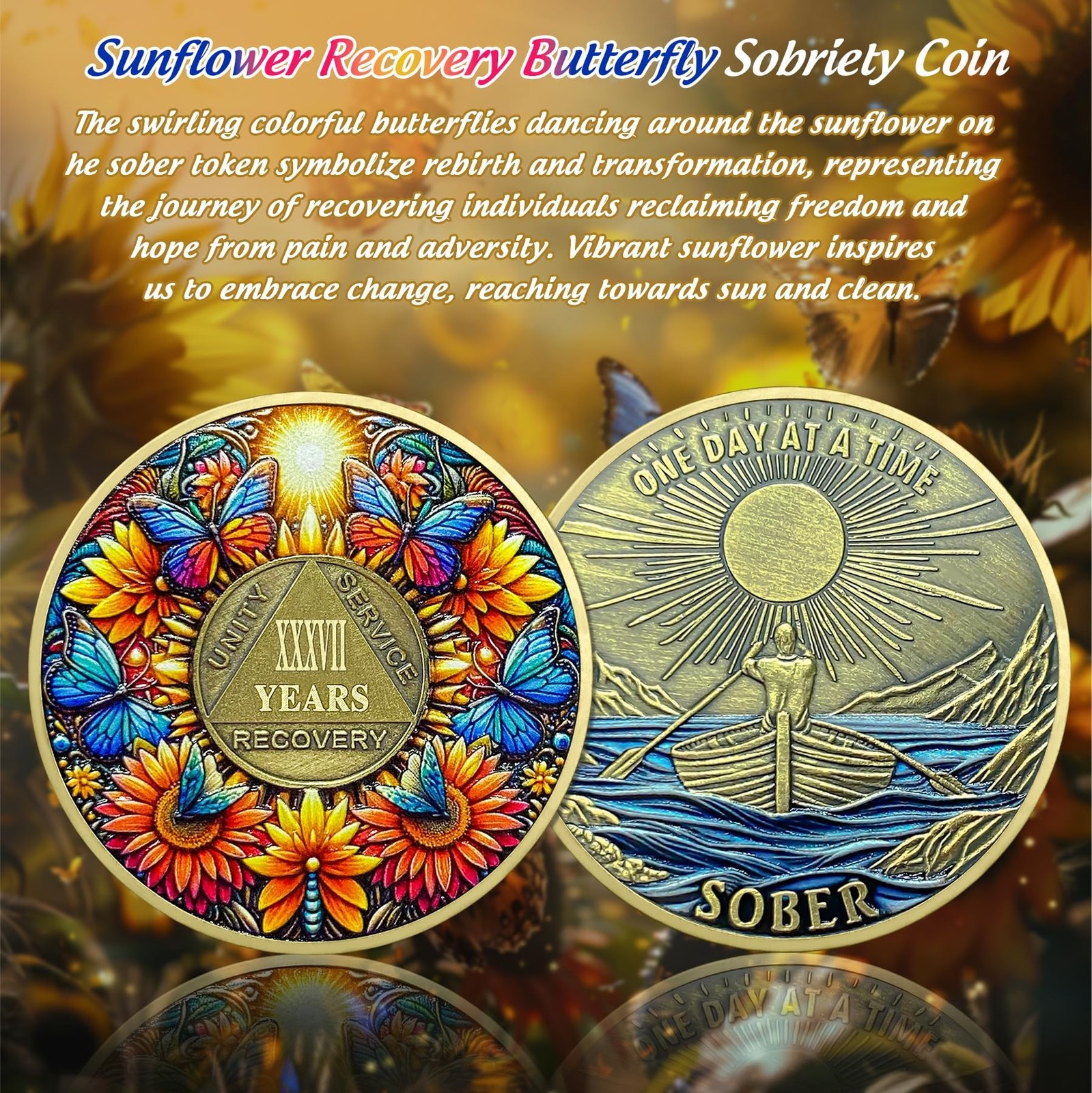 Delicate Sunflower 37 Year Sobriety Coin – 37 Year Recovery Butterfly AA Coin…
