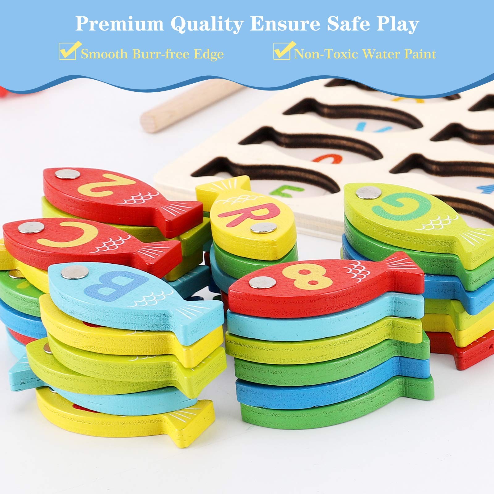 Magnetic Wooden Fishing Game Toy for Toddlers, Alphabet Medium, Multicolor