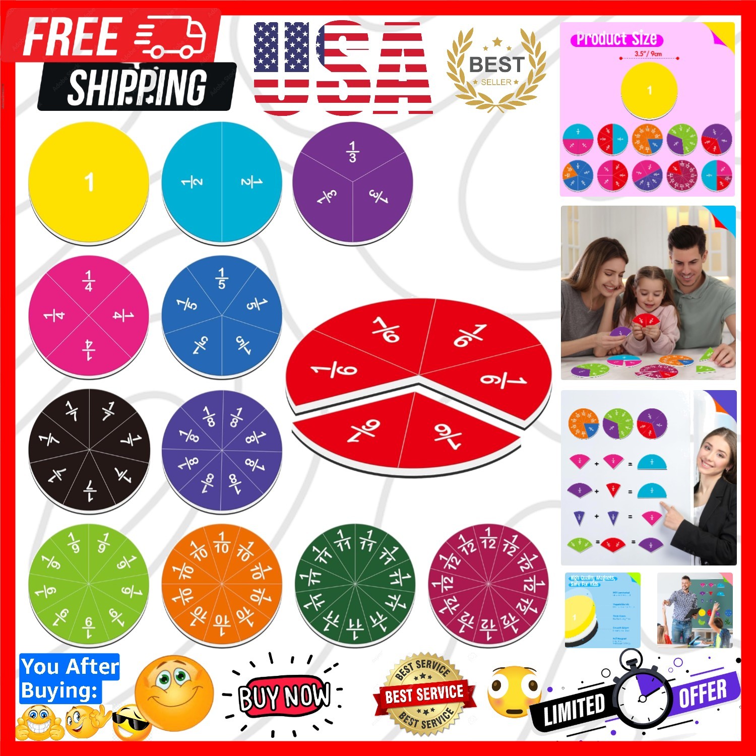 78 PCS Magnetic Fraction Tiles, Educational Math Learning Manipulatives Set f…