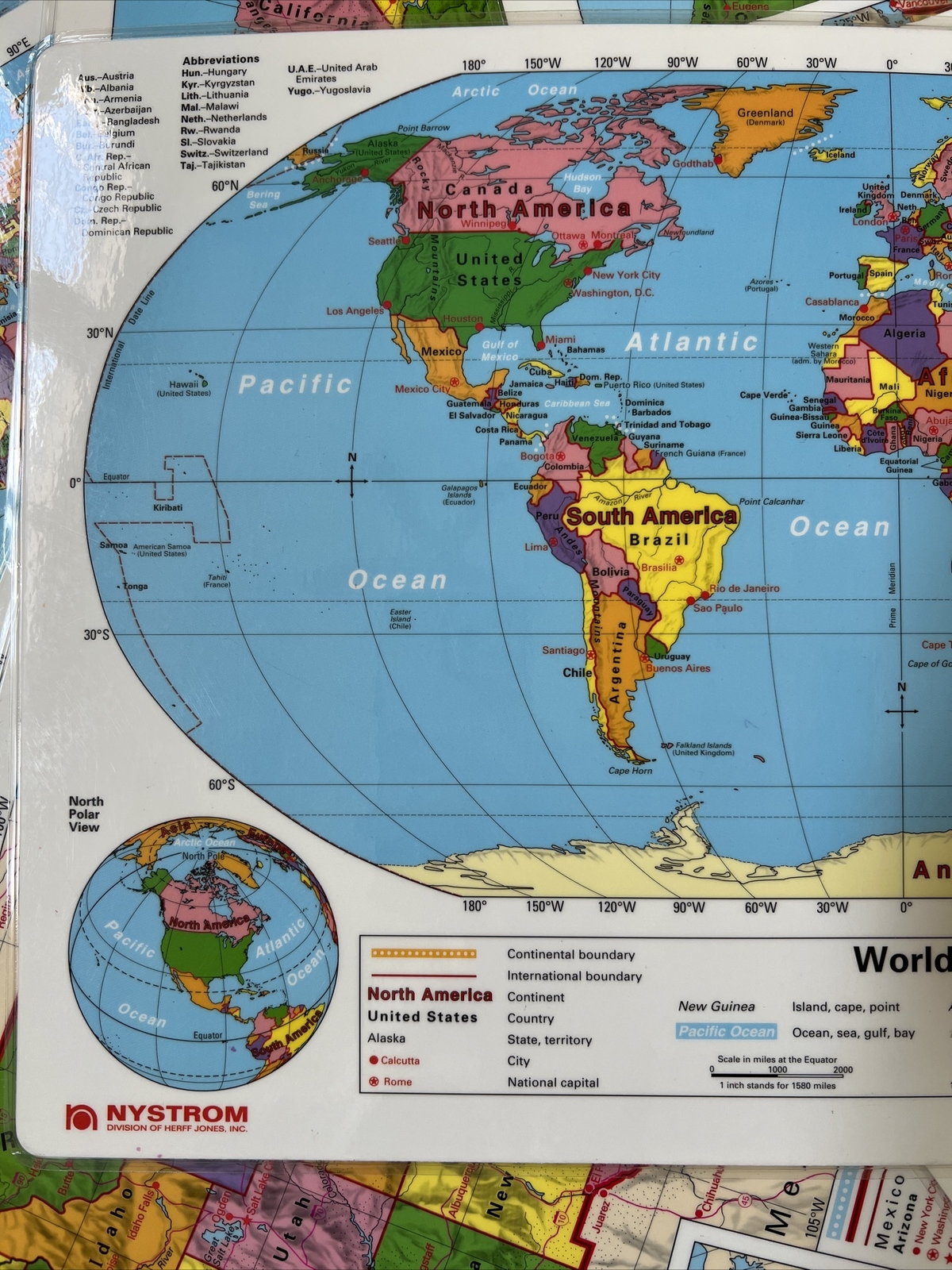 17″X11″ 28 Laminated Double Sided United States World Map 3D /C Nystrom Teacher