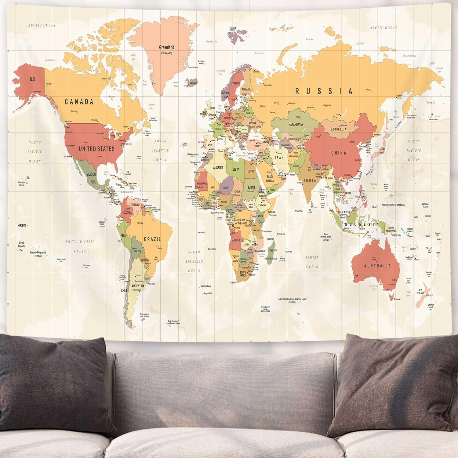 World Map Tapestry for Kids Student, Map of The World with Countries and Majo…