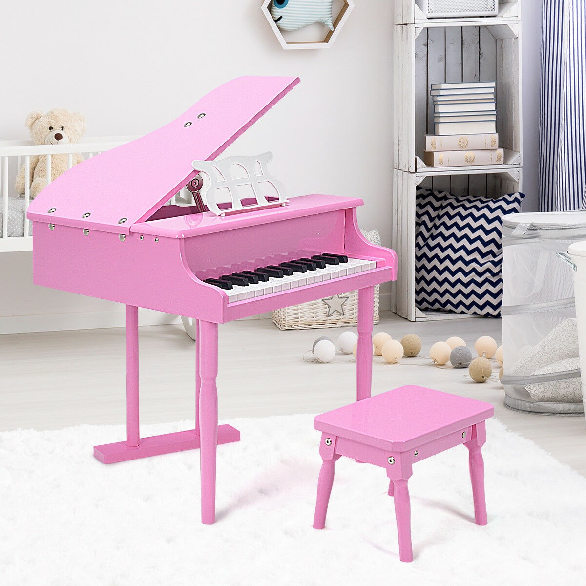 Children Keyboard 30-key Toy Beginner Baby Piano w/ Bench Wood Pink Perfect Gift