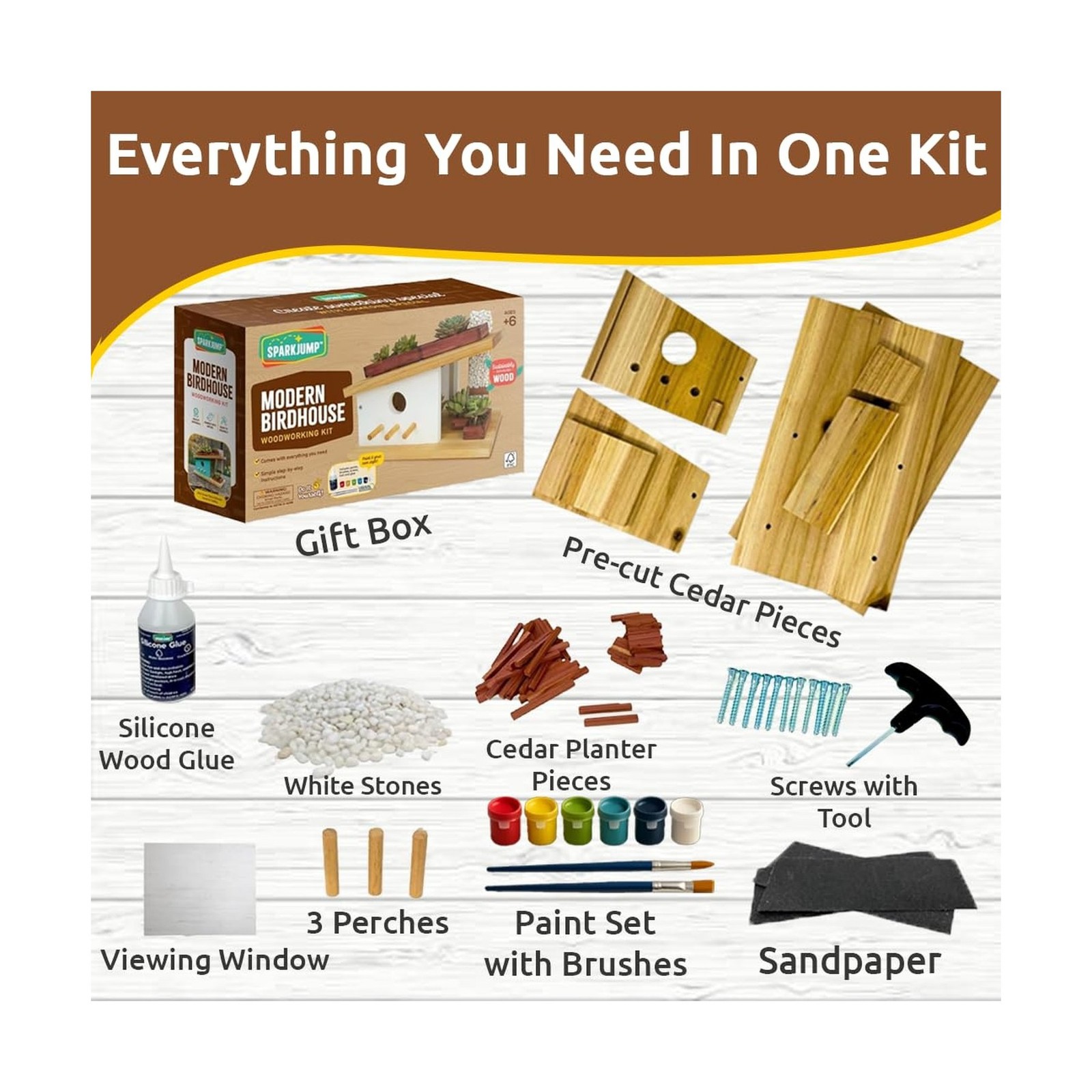 SparkJump Modern Birdhouse Woodworking Kit, Complete DIY Birdhouse for Kids &…