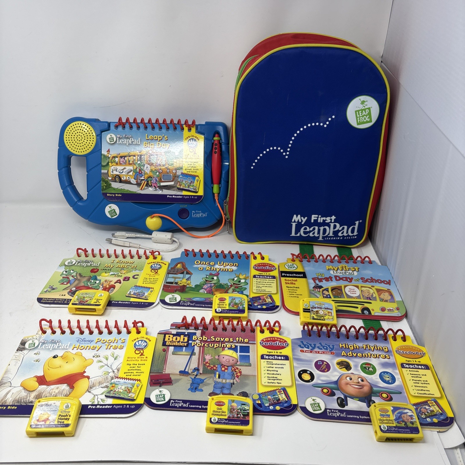VTG My First LeapPad System Bundle, Backpack, 7 Books & 6 Cartridges Lot Tested
