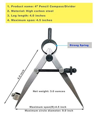 4 inch Woodworking Compass with Pencil Holder, Precision Spring Divider/Scriber