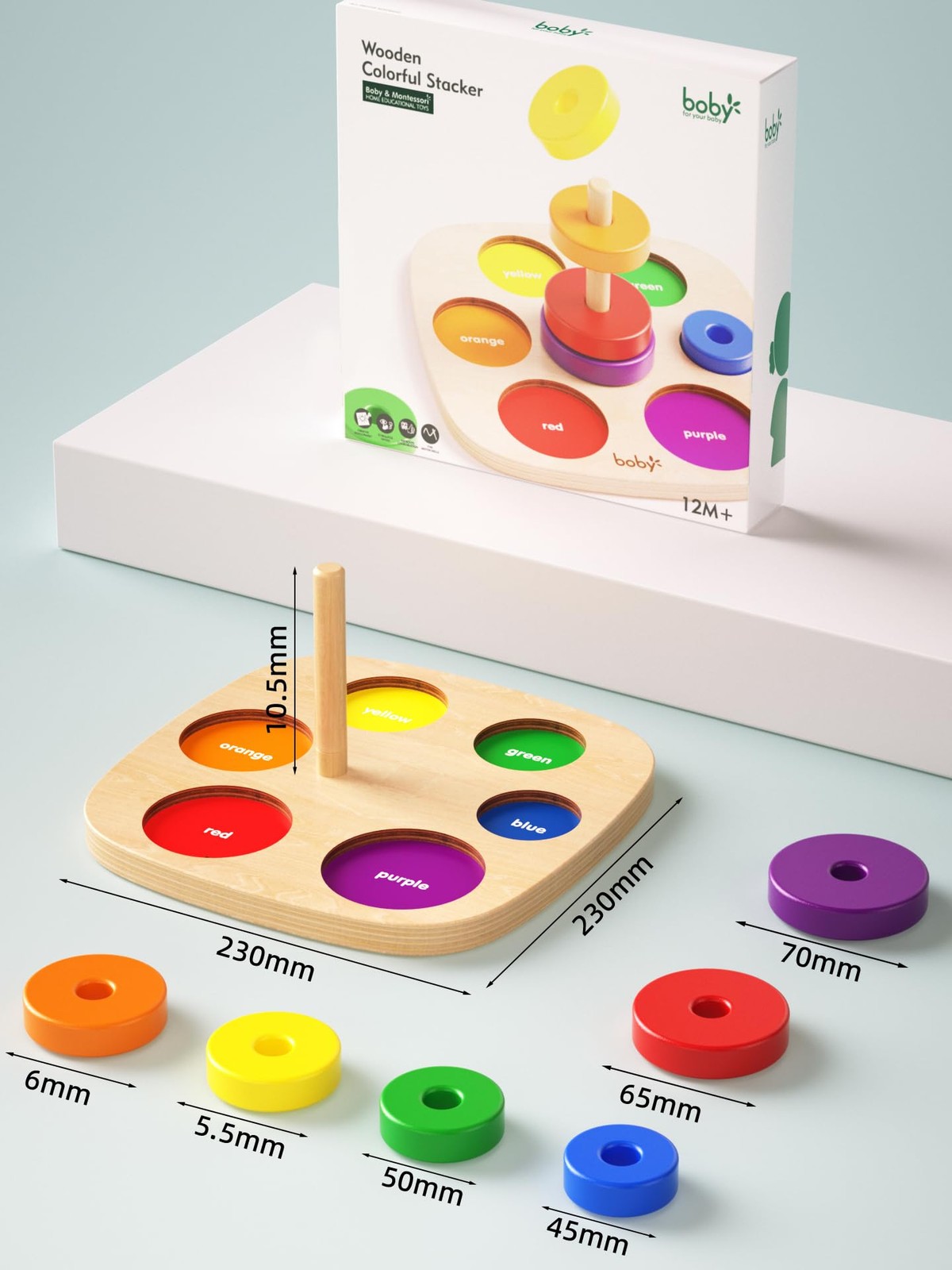 Dailyfunn Montessori Toys Wooden Rainbow Medium, Red, Yellow, Green, Blue
