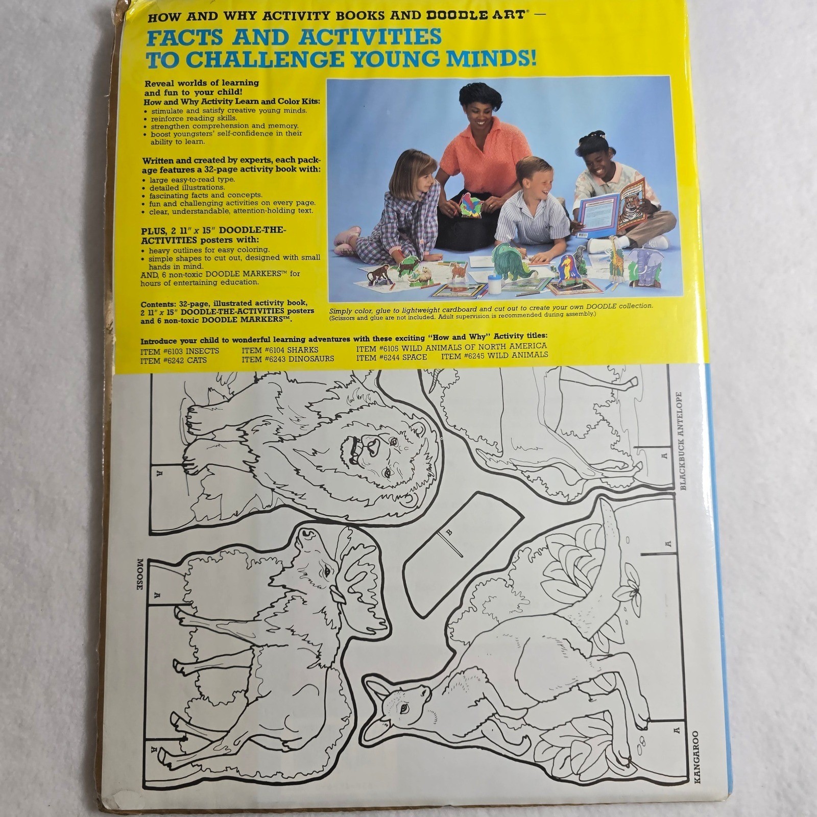 VTG 1987 Doodle Art Poster Wild Animals Activity Kit Book Markers Learn Color