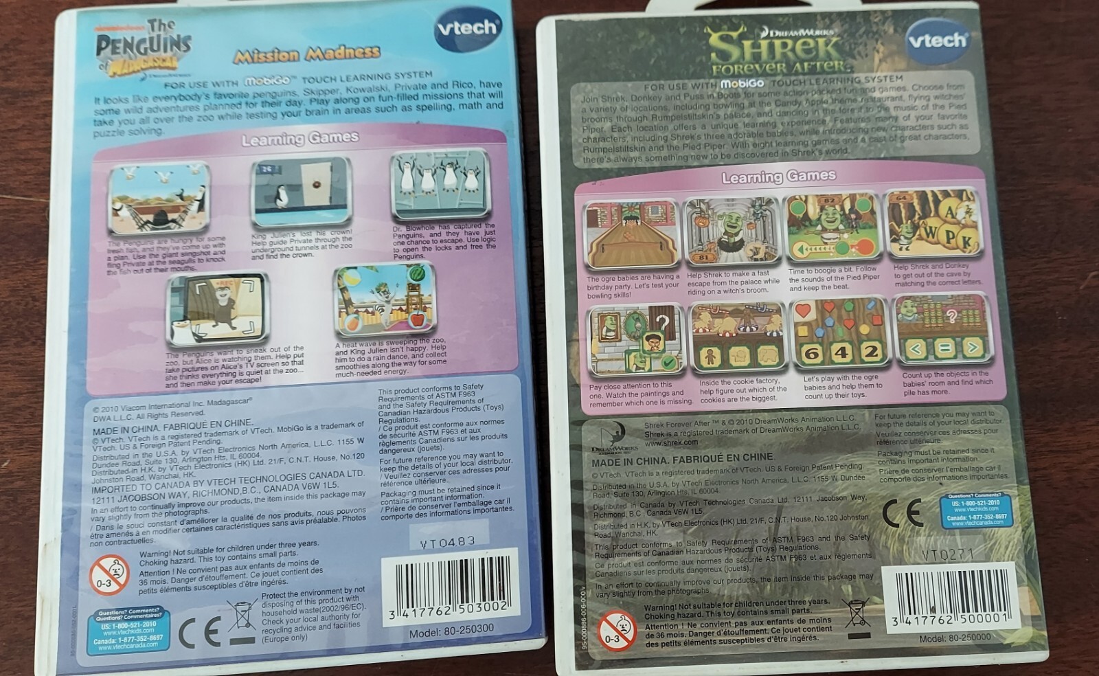 Lot of 2 VTech MobiGo Games Shrek & The Penguins.