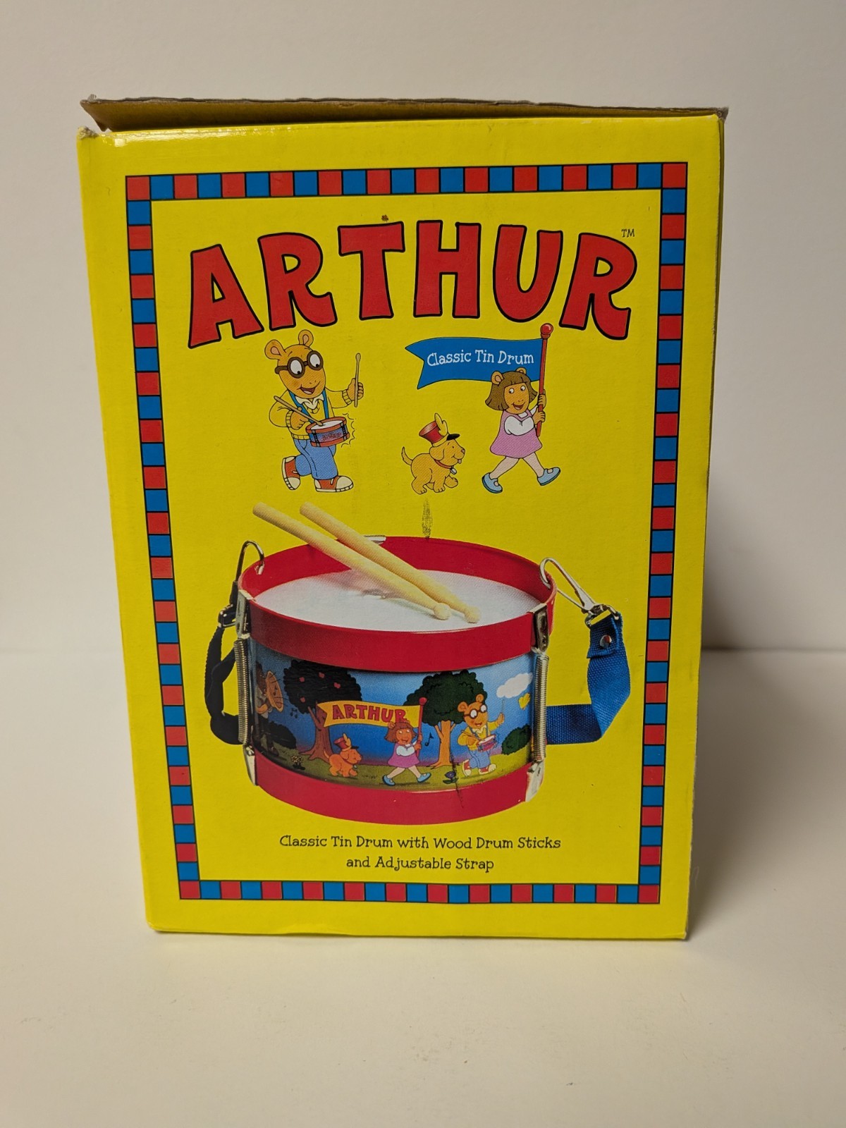 Vintage ARTHUR Schylling Tin Drum Toy w/ Drumsticks Adjustable Strap 1998 PBS