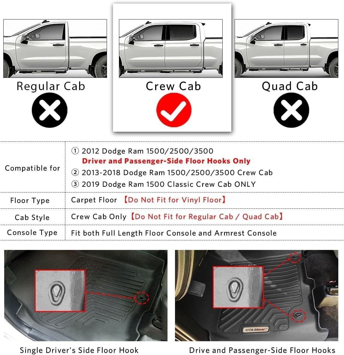 Floor Mats Fit for 2013-2018 Dodge Ram 1500/2500/3500 Crew Cab, 2019-2024 Ram