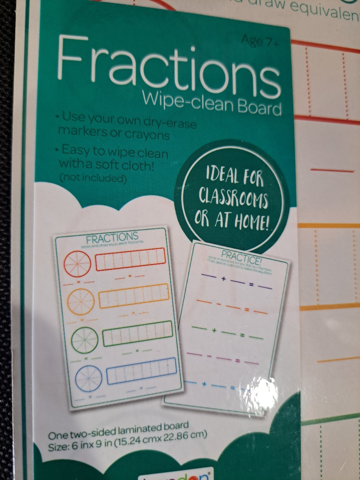 Bendon fractions dry erase board, Wipe Clean, 6in.x 9inch. Double Sided- NEW