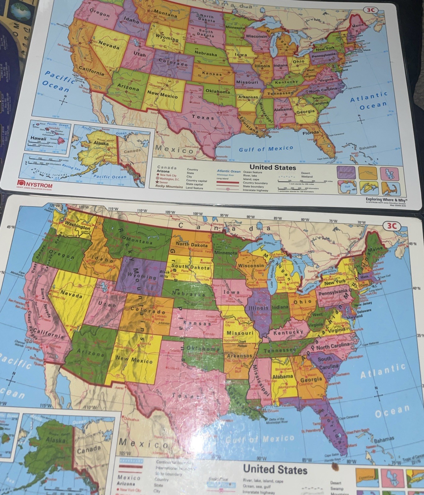 Nystrom Laminated 2 Sided United States / World Maps 22″ X 17″ Set Of 2 VTG