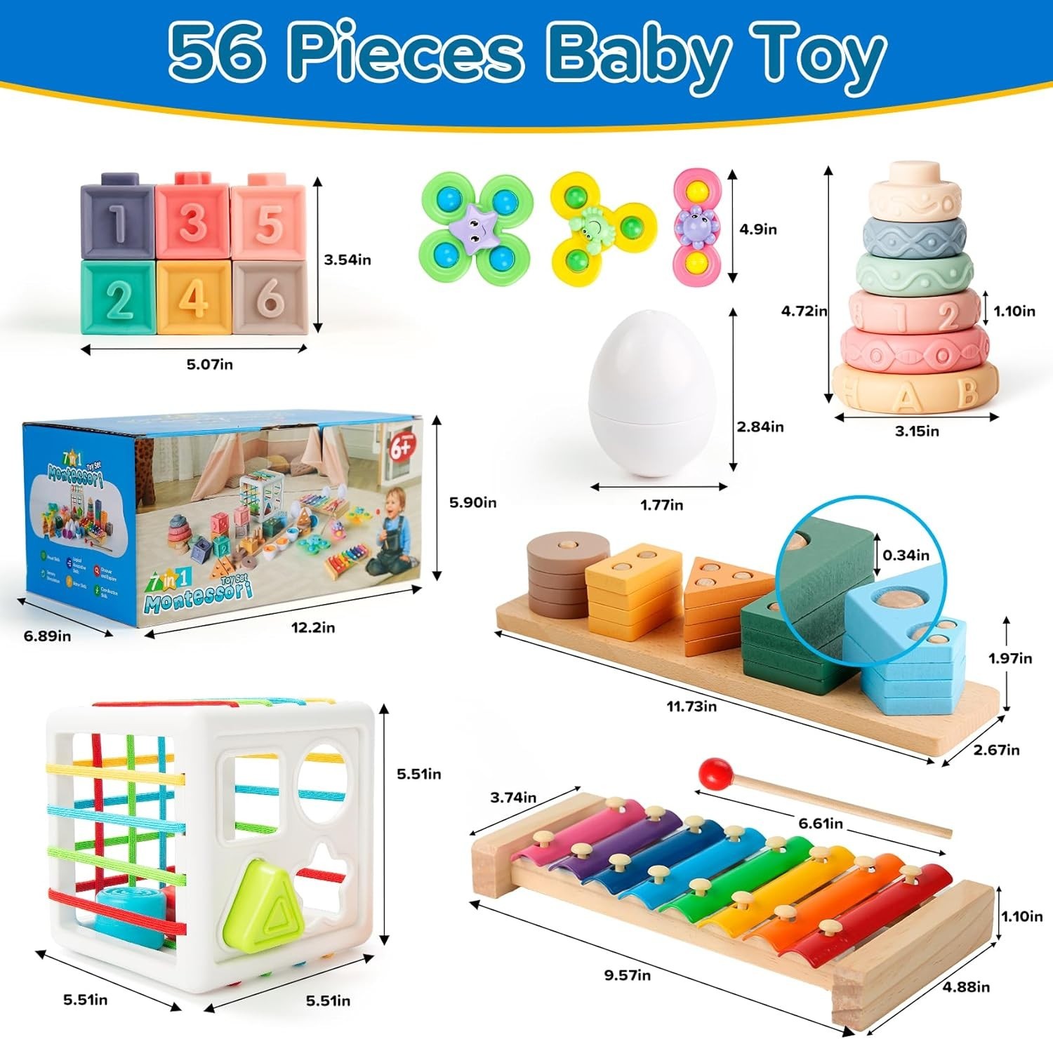 7‑in‑1 Montessori Baby Toys for 6‑12 Months & 1+ Years, Infant Sensory Teething