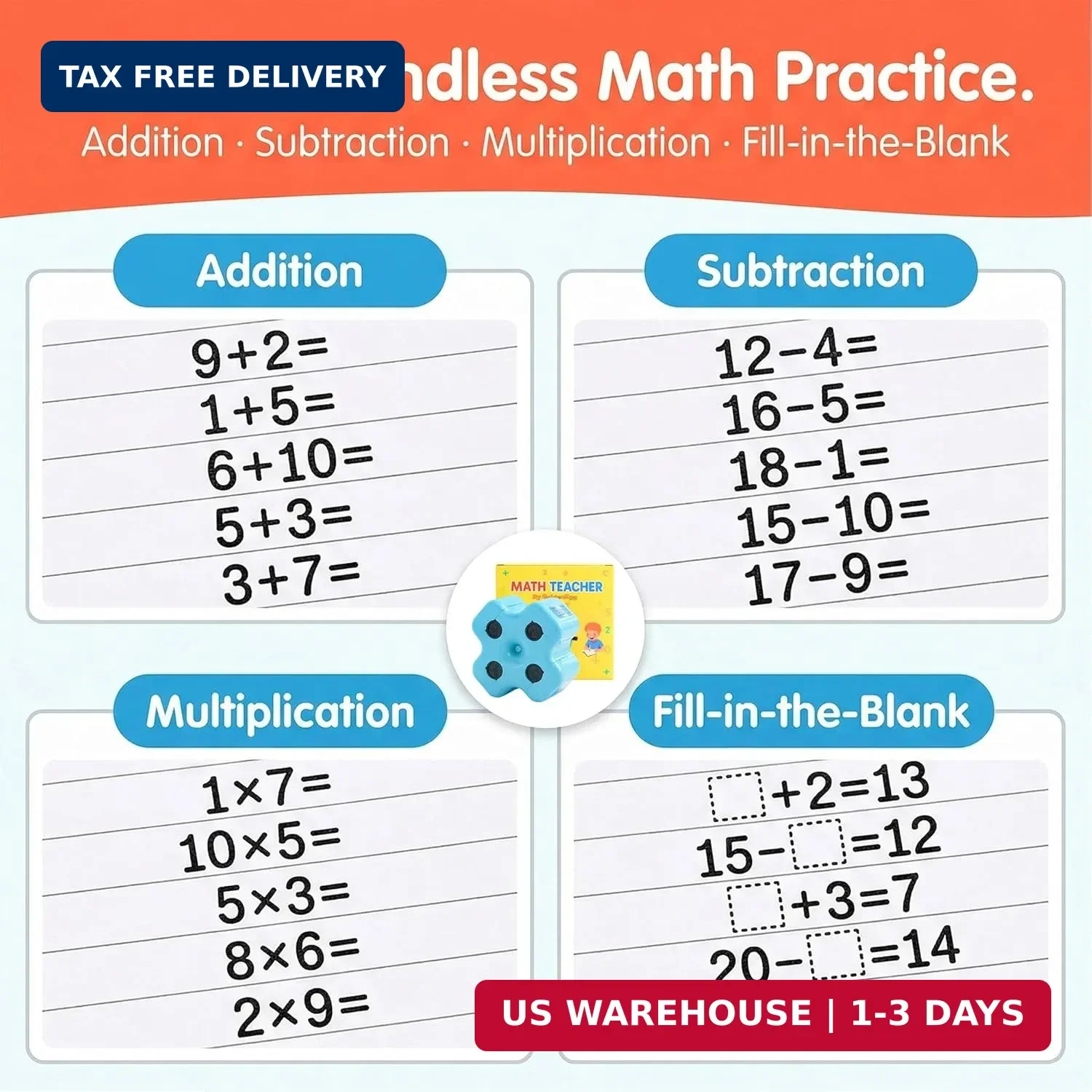 GoldenEgg Math Teacher 4-in-1 Math Roller Stamp, Addition, Subtraction, Multipli
