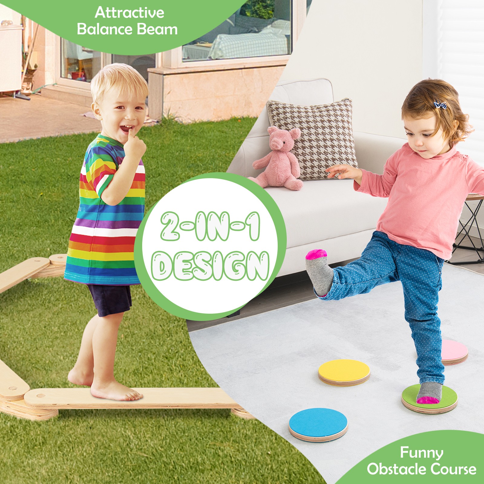 Kids Balance Beam & Stepping Stones Wooden Montessori Toy Gym Obstacle Course