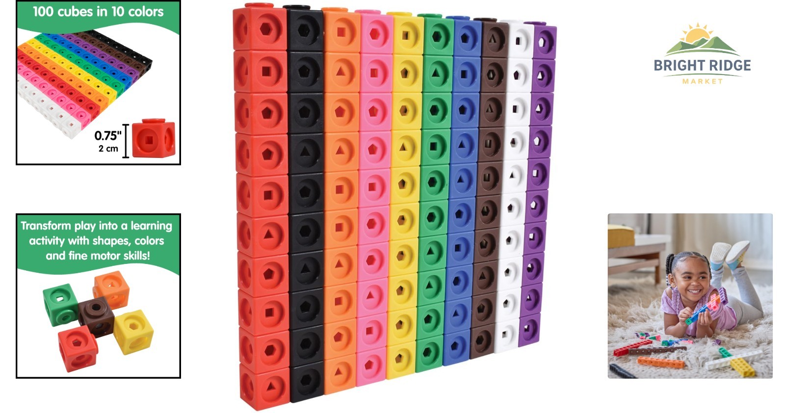 Set of 100 Colorful Math Cubes for Counting Skills and Shape Sorting Activities