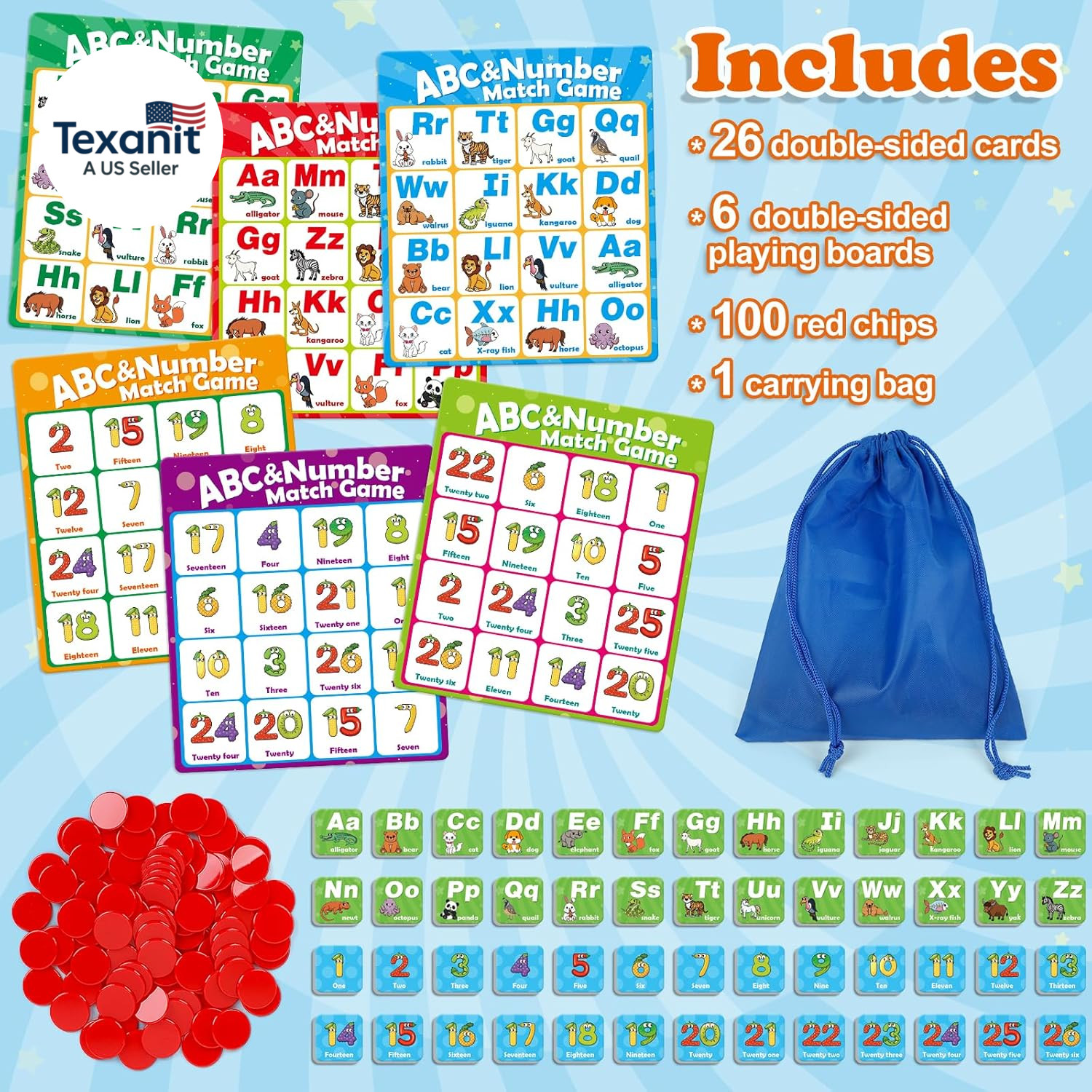 Alphabet Bingo Game,Letter/Number/Sight Word Bingo Game for Kids,Abc and 123 Boa