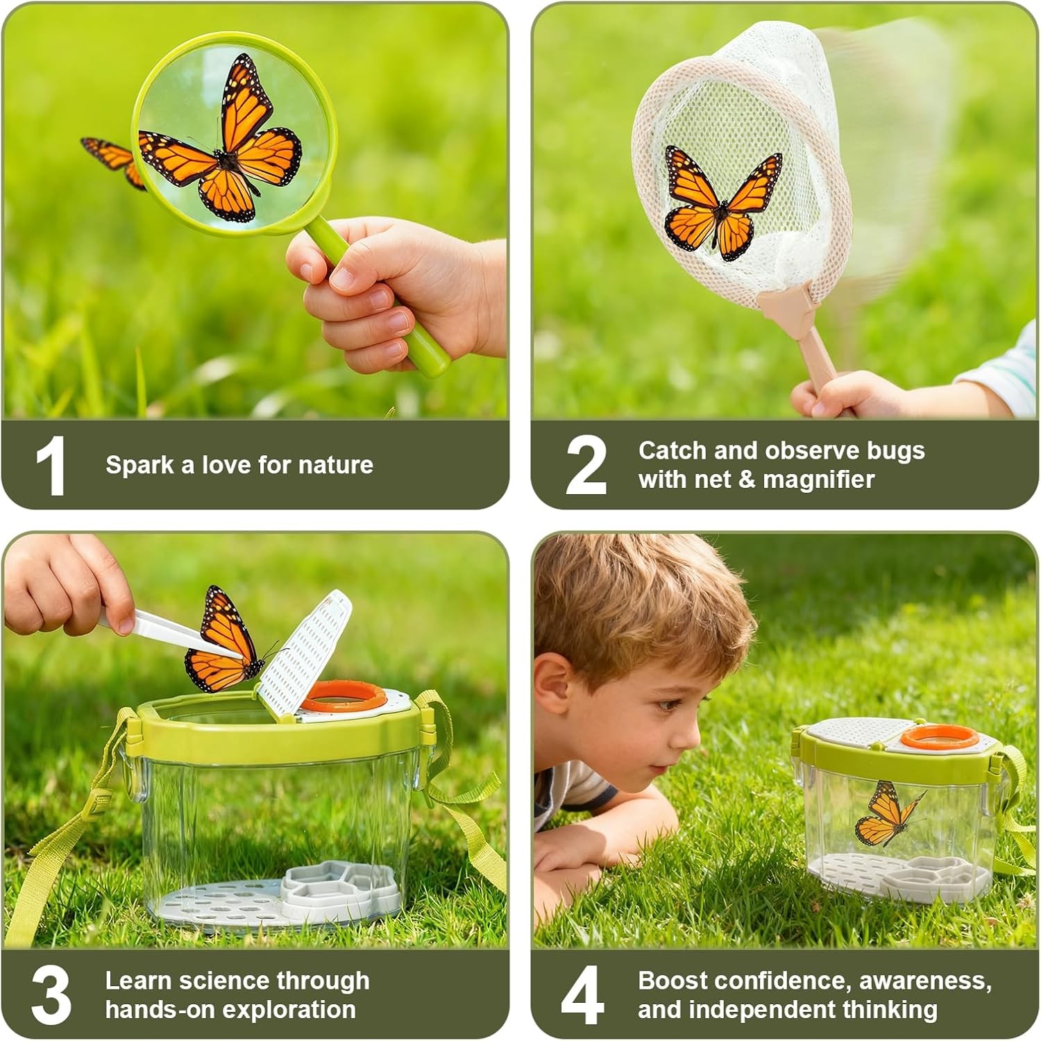 Green 2 In 1 Kids Gardening Tools Bug Catcher Kit with Wheelbarrow Bug House