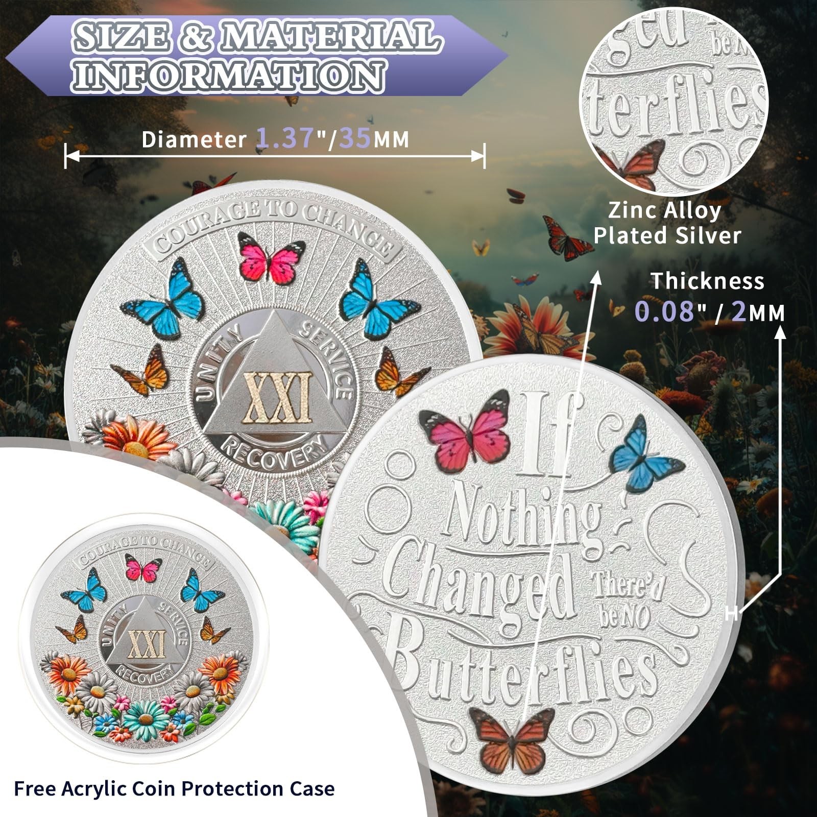 Colorful Sunflower 21 Year Sobriety Coin, Butterfly AA Coin – Courage to Chan…