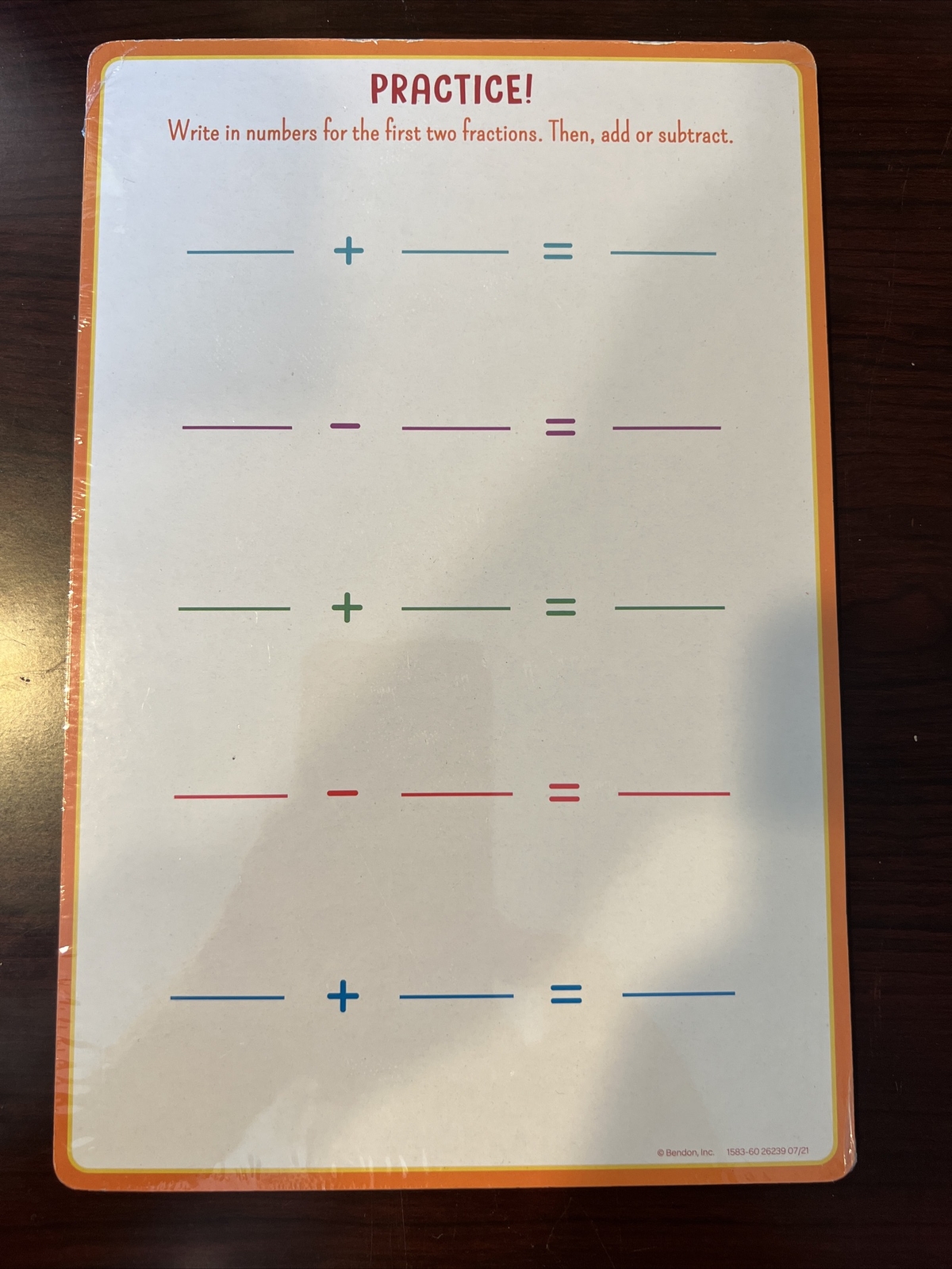 Bendon fractions dry erase board, Wipe Clean, 6in.x 9inch. Double Sided- NEW