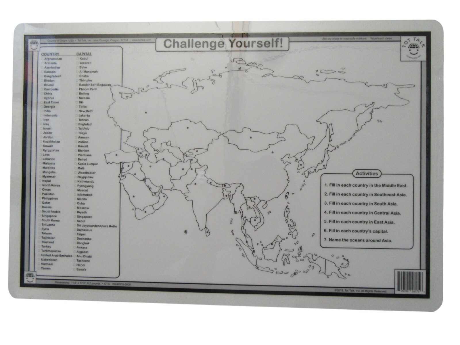 Asia Map Laminated Dry Erase Writable Washable Educational Placemat 11.5″x17.5″