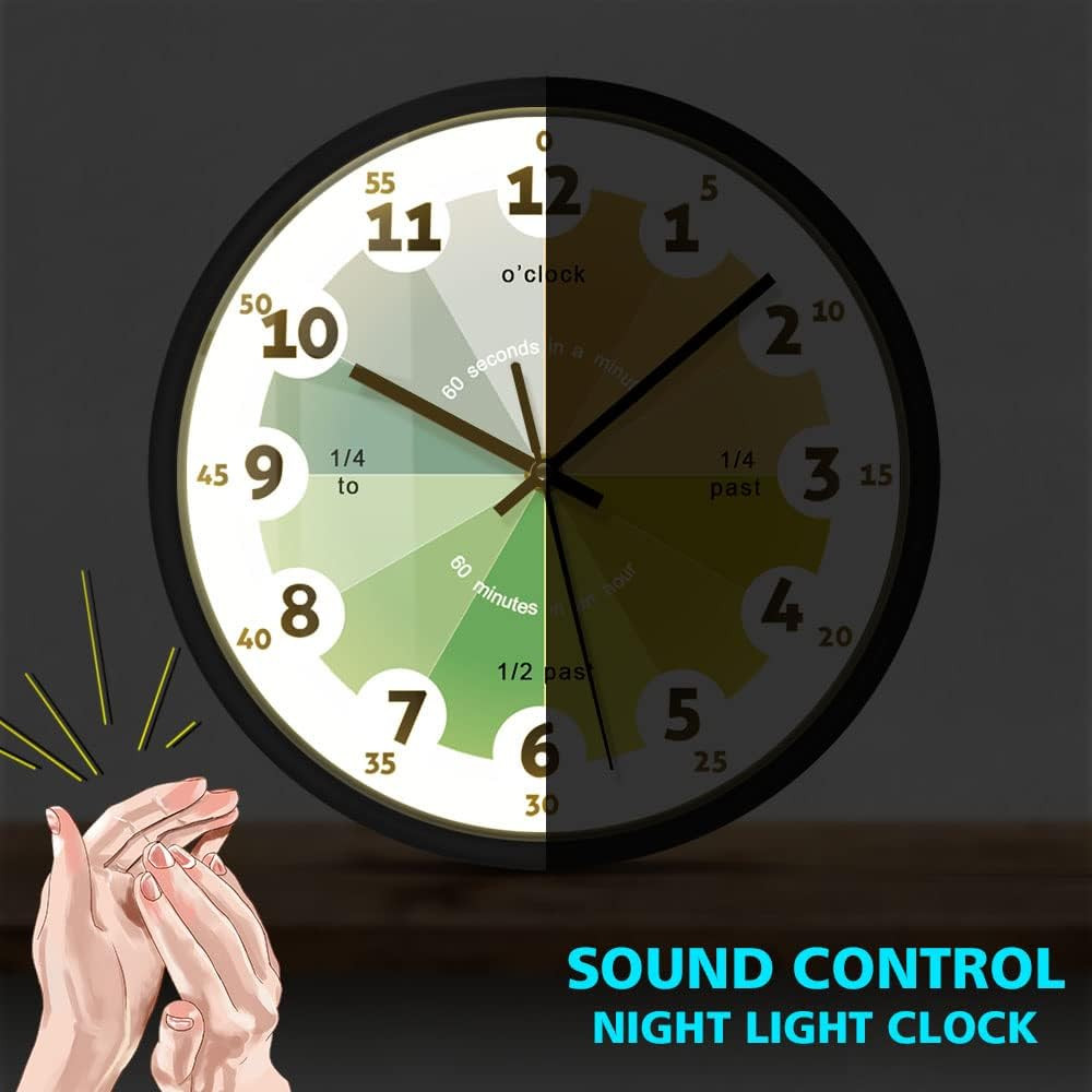How to Tell Time Learning Silent Quartz Clock,Voice Control LED Night Light,Home