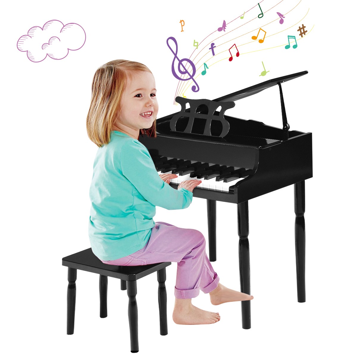 Costway 30-Key Classic Baby Grand Piano Toy Toddler Birthday Wood w/Bench Black