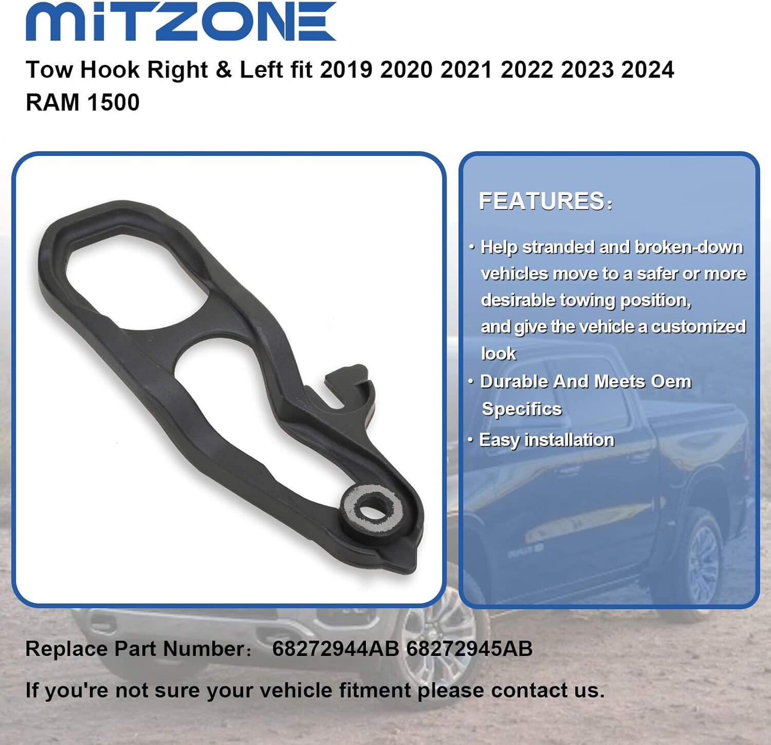 Black MITZONE Front Tow Hooks Right & Left with Bushing Compatible with 2019